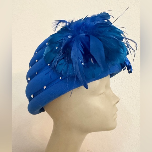 Vintage Church blue hat turbo crown style blue feathers rhinestones 7 1/4 Milano main image 7
